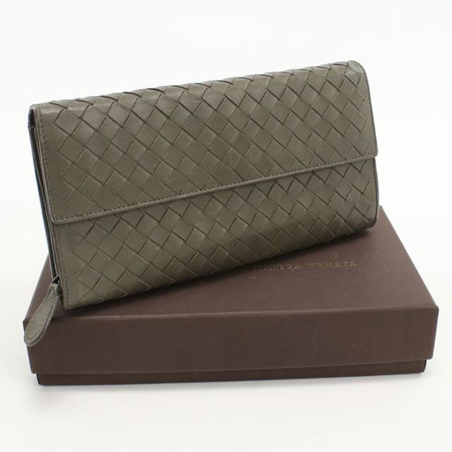 中古BOTTEGA VENETA ボッテガ・ヴェネタ 長財布二折 ラージ フラップウォレット イントレチャート レディース カーキ