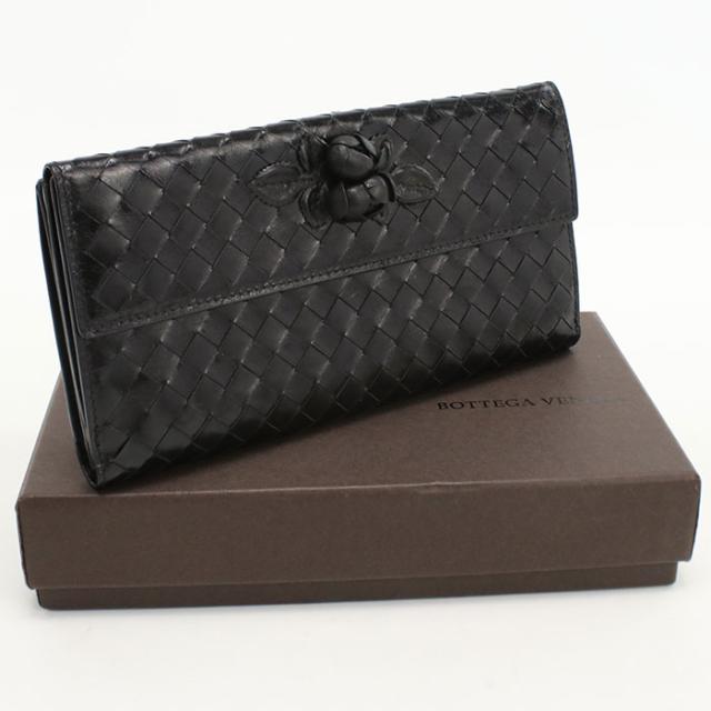 中古良品BOTTEGA VENETA ボッテガ・ヴェネタ 長財布二折 134075 V5281 1000 Wホック イントレチャート レディース ブラック