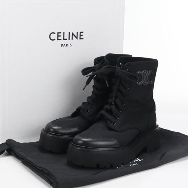 中古良品CELINE セリーヌ ブーツ 345597004C.38NO レースアップブーツ バルキー レディース ブラック