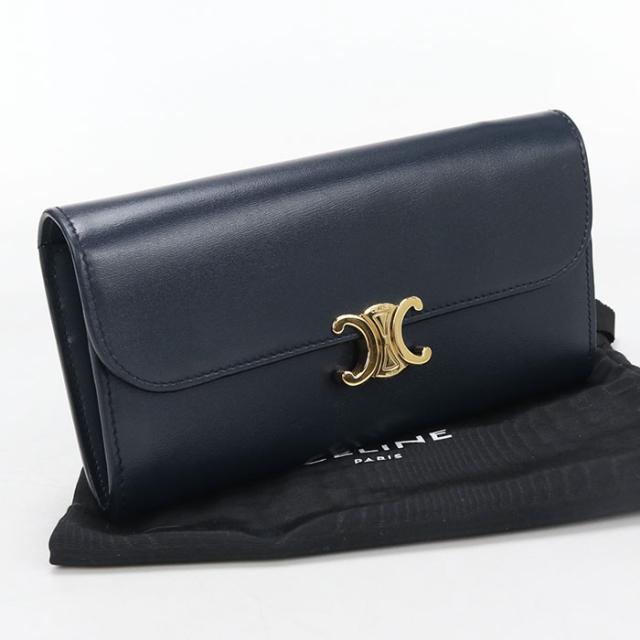 中古良品CELINE セリーヌ 長財布二折 10E313DPV ラージウォレット トリオンフ レディース ネイビー