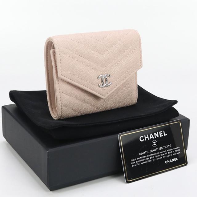 中古良品CHANEL シャネル 三折財布小銭入付き A84346 スモール フラップ ウォレット シェブロン レディース ピンク