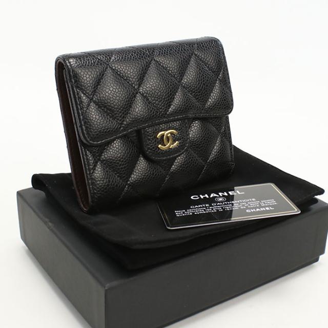 中古良品CHANEL シャネル 三折財布 26920077 スモール フラップウォレット マトラッセ レディース ブラック
