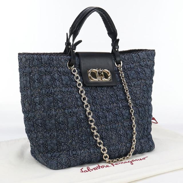 中古良品FERRAGAMO フェラガモ トートバッグ 21 0960 2WAY レディース ネイビー