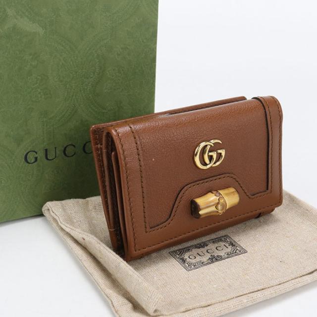 中古良品GUCCI グッチ 三折財布小銭入付き 658633 コンパクトウォレット バンブー ダイアナ レディース ブラウン