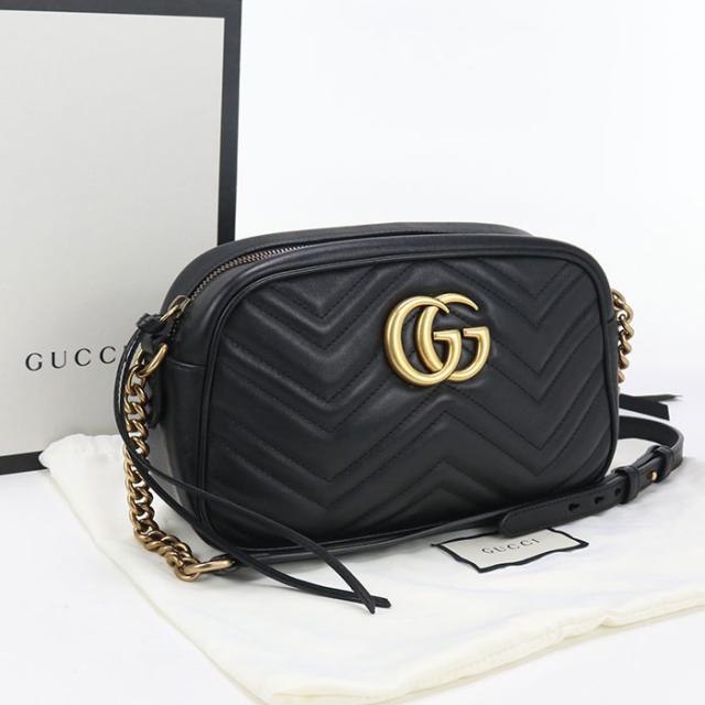 中古良品GUCCI グッチ ショルダーバッグ 447632 スモール カメラバッグ GGマーモント レディース ブラック