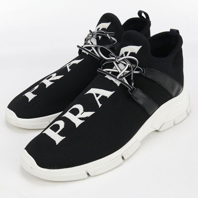 中古良品PRADA プラダ スニーカー ロゴ メンズ ブラック