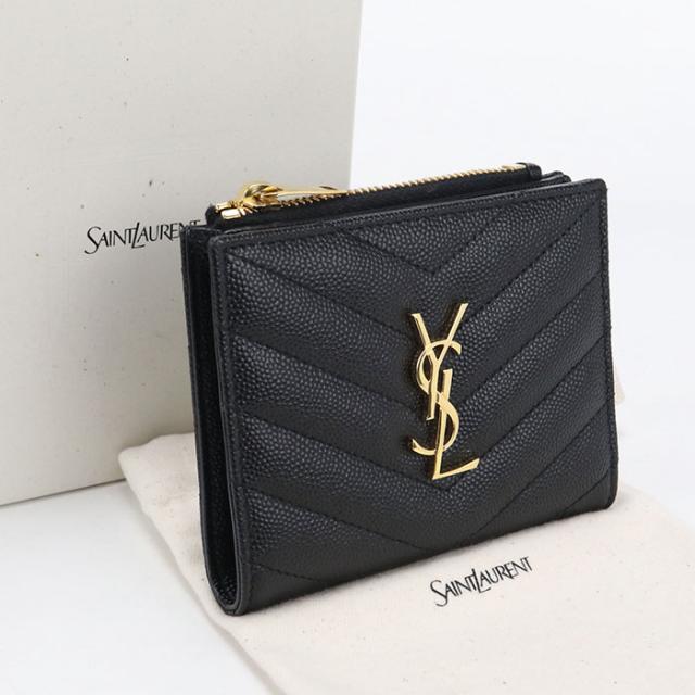 中古美品SAINT LAURENT サンローラン 二つ折り財布 575879 バイフォールドウォレット モノグラム レディース ブラック