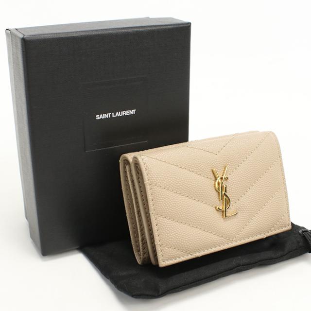 中古良品SAINT LAURENT サンローラン 三つ折り財布 668274 タイニーウォレット モノグラムオリガミ レディース ベージュ