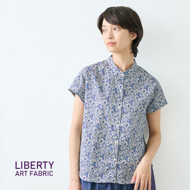 コットン100% リバティプリント バンドカラー フレンチスリーブ シャツ