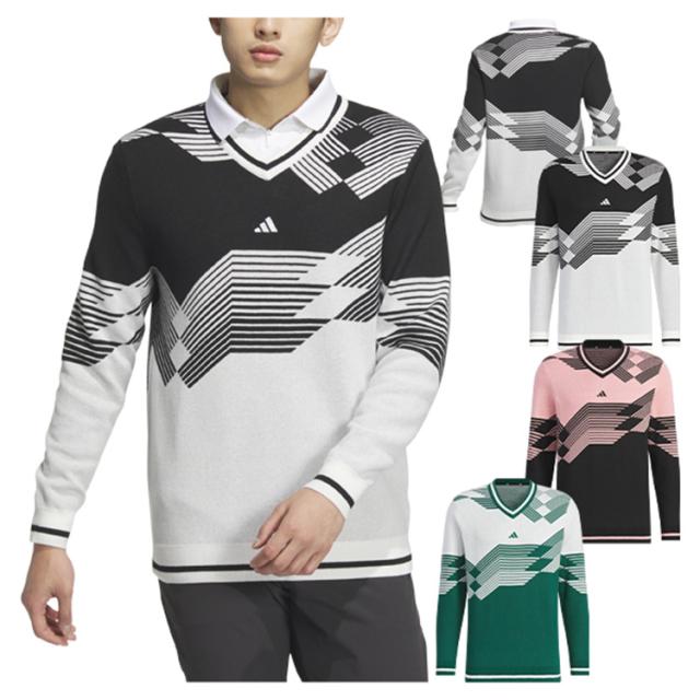 アディダス　adidas　ゴルフセーター　Vネック　刺繍　大きいサイズ　長袖 adidas セーター ニット アーカイブグラフィック Vネック長袖