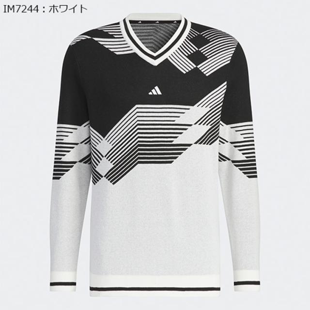 adidas ブラック・ホワイト セーター ゴルフメンズウェア秋冬 adidas セーター ニット アーカイブグラフィック Vネック長袖