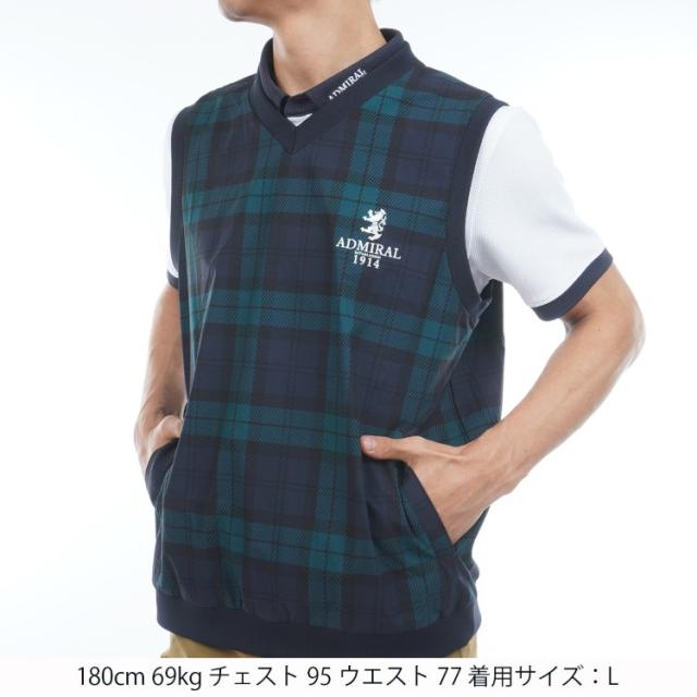 アドミラルゴルフ ベスト メンズ Vネック ウィンドベスト 撥水 防風 ストレッチ ゴルフウェア ロゴ チェック柄 ブランド ADMA603 Admiral golf_9