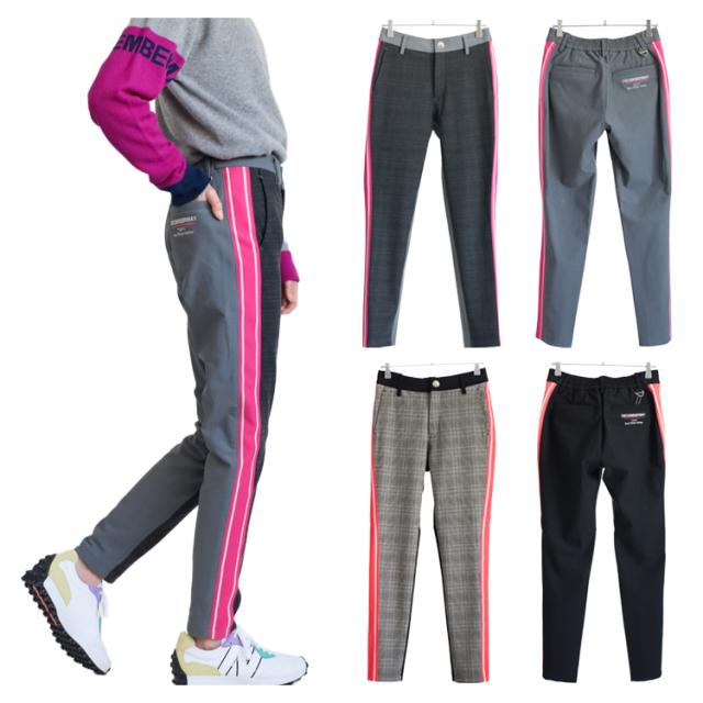 ディセンバーメイ ゴルフ パンツ レディース 裏起毛 保温 ストレッチ グレンチェック柄 バイカラー テーパード ロングパンツ 10分丈 長ズボン 秋冬 ゴルフウェア ブランド ロゴ DECEMBERMAY 2-212-2036