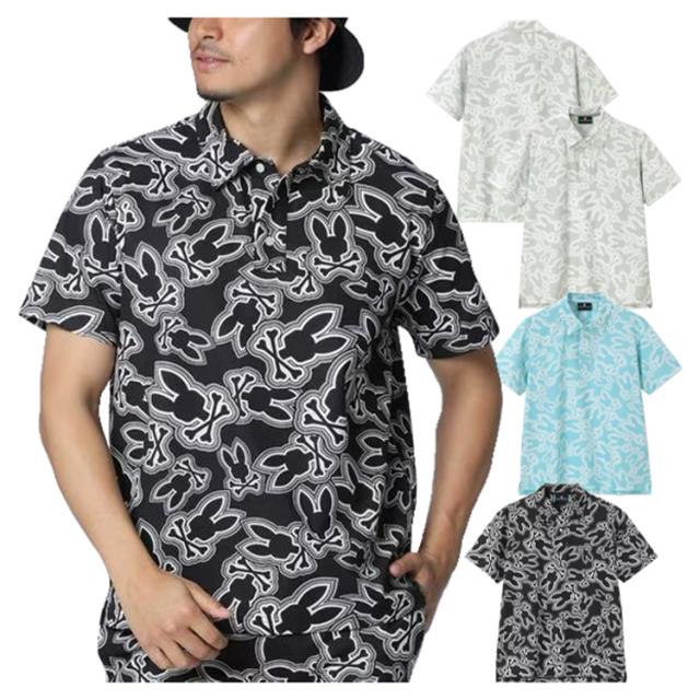 サイコバニー ゴルフ ポロシャツ メンズ 半袖 シャツ ポロ 通気性 吸水速乾 ゴルフウェア 総柄 春 夏 ブランド GF575 PSYCHO BUNNY