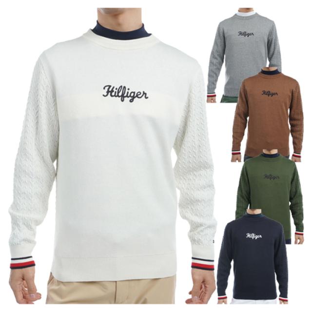 トミーヒルフィガー ゴルフ セーター メンズ 長袖 ニット クルーネック 天竺編み ケーブル編み ゴルフウェア ブランド 無地 ライン ロゴ 秋 冬 THMA461