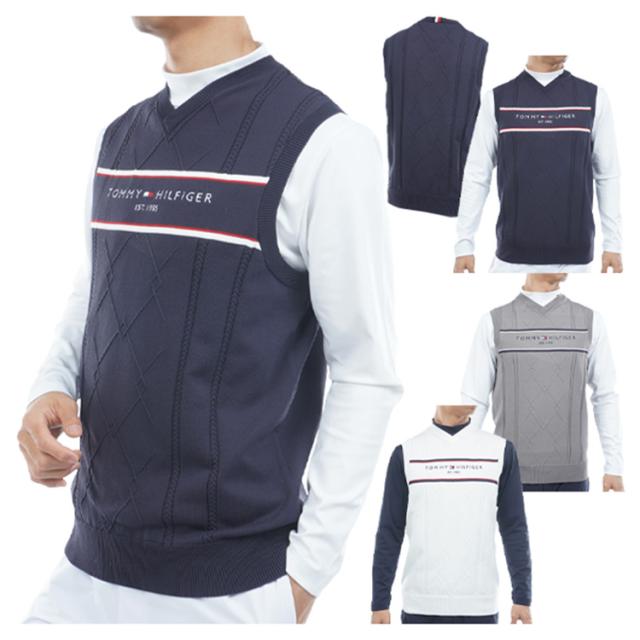 トミーヒルフィガー ゴルフ ベスト メンズ ニットベスト セーターベスト Vネック 軽量 ゴルフウェア ブランド ケーブル柄 ライン 春 秋 冬 THMA560