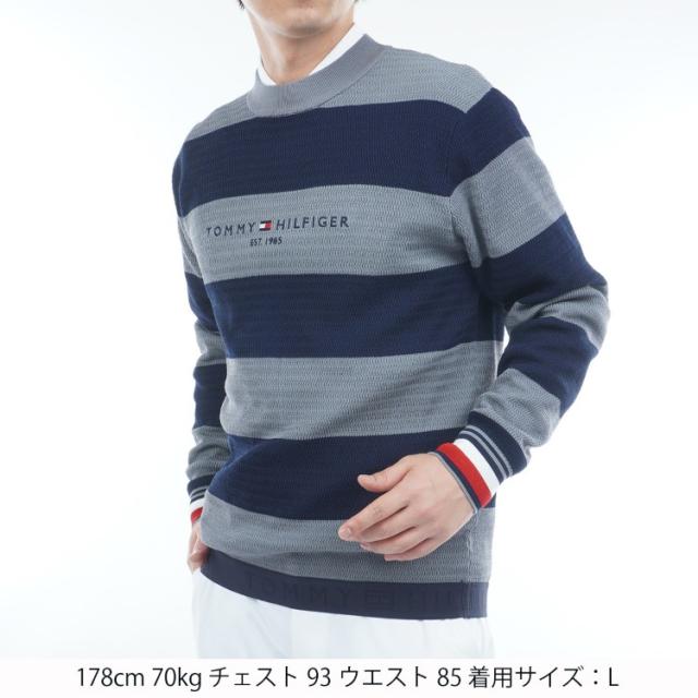 トミーヒルフィガー ゴルフ セーター メンズ 長袖 ニット クルーネック ストレッチ ゴルフウェア ブランド 総柄 ボーダー ライン ロゴ 秋 冬 THMA565_12
