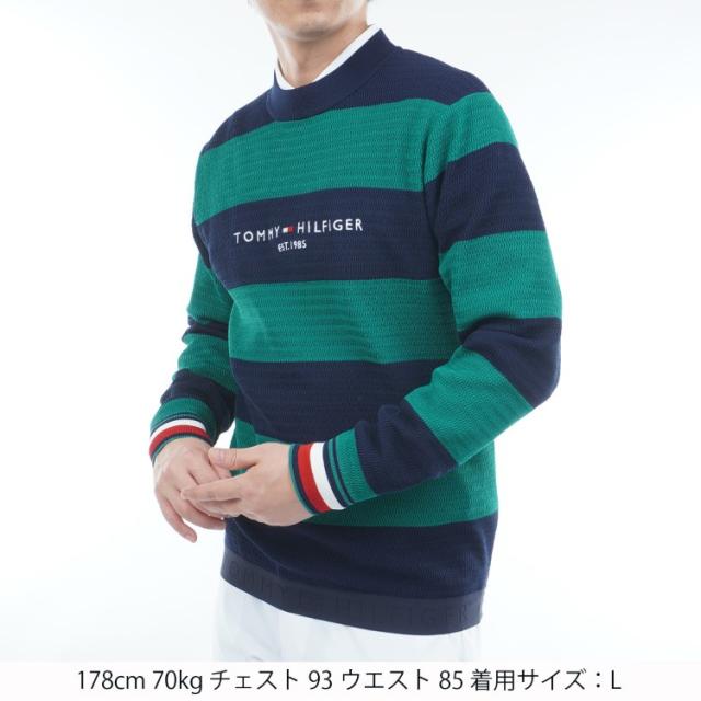 トミーヒルフィガー ゴルフ セーター メンズ 長袖 ニット クルーネック ストレッチ ゴルフウェア ブランド 総柄 ボーダー ライン ロゴ 秋 冬 THMA565_16