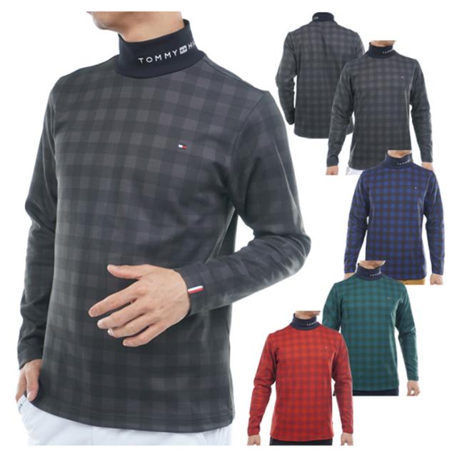 トミーヒルフィガー ゴルフ ハイネックシャツ メンズ 長袖 シャツ ハイネック 吸水速乾 ストレッチ ゴルフウェア ブランド 総柄 チェック柄 ロゴ THMA569