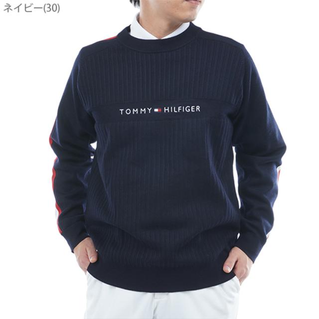 トミーヒルフィガー ゴルフ セーター メンズ 長袖 ニット クルーネック ストレッチ ゴルフウェア ブランド 総柄 ストライプ柄 ロゴ 秋 冬 THMA581_4