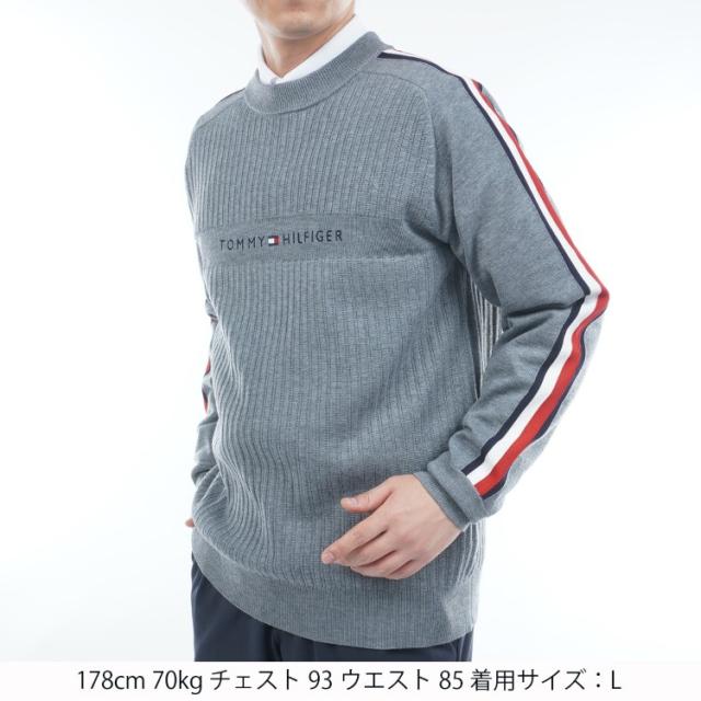 トミーヒルフィガー ゴルフ セーター メンズ 長袖 ニット クルーネック ストレッチ ゴルフウェア ブランド 総柄 ストライプ柄 ロゴ 秋 冬 THMA581_7