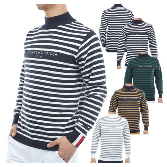トミーヒルフィガー ゴルフ セーター メンズ 長袖 ニット ハイネック ストレッチ 遠赤外線保温 ゴルフウェア ブランド 総柄 ボーダー ライン ロゴ 秋 冬 THMA582