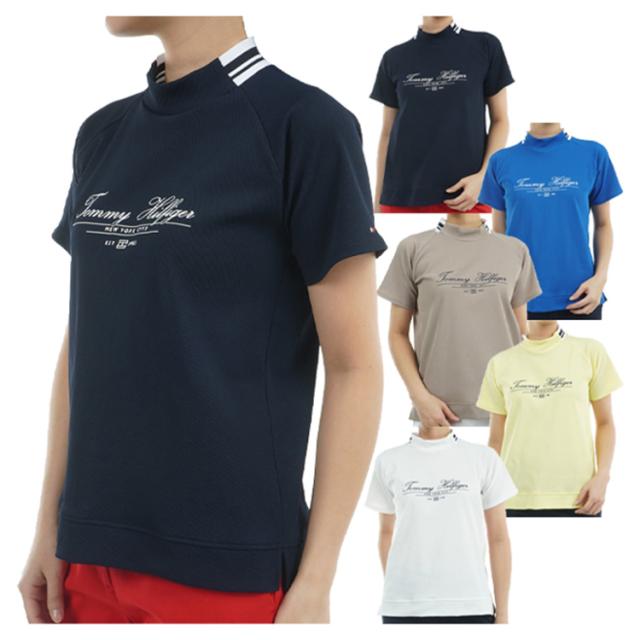 トミーヒルフィガー ゴルフ モックシャツ レディース 半袖 ハイネック シャツ 吸水速乾 UVカット ストレッチ ロゴ ゴルフウェア ブランド 総柄 春 夏 秋 THLA504