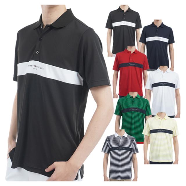 トミーヒルフィガー ゴルフ ポロシャツ メンズ 半袖 シャツ 鹿の子 吸水速乾 UVカット 抗菌防臭 ゴルフウェア ブランド 総柄 ボーダー ロゴ 春 夏 秋 THMA514