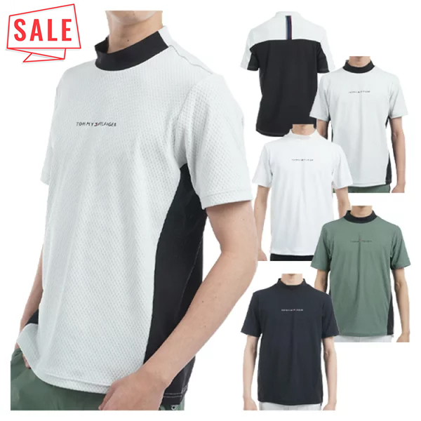 トミーヒルフィガー ゴルフ モックシャツ メンズ 半袖 シャツ モックネック ハイネック 軽量 ゴルフウェア ブランド 総柄 ロゴ 春 夏 秋 THMA537
