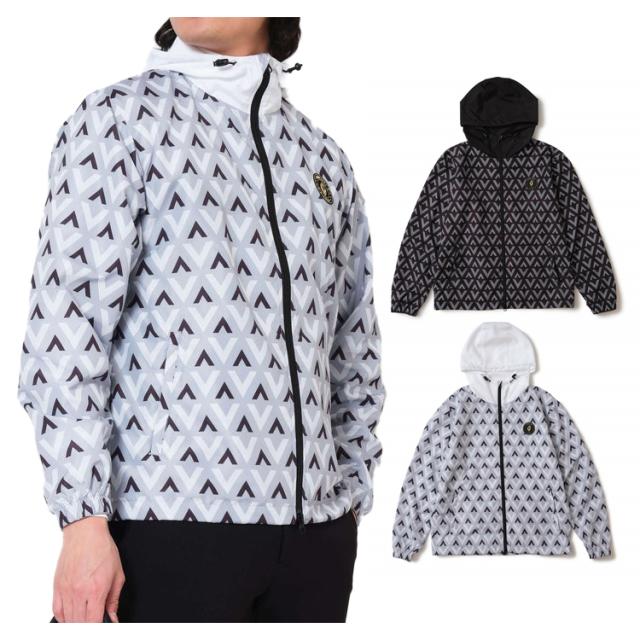 V12 ゴルフ ジャケット メンズ ブルゾン 長袖 ナイロンジャケット フルジップ ダブルジップ ゴルフウェア 撥水 フード 軽量 小雨対応 ブランド 総柄 ロゴ  V122420-JK15 V12 GOLF