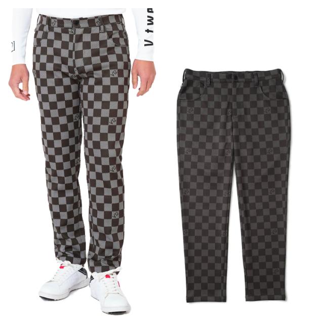 V12 ゴルフ パンツ メンズ ストレッチ ダンボールニット ロングパンツ 長ズボン 総柄 ブロックチェック 10分丈 ゴルフウェア ブランド ロゴ V122420-PN08 V12 GOLF