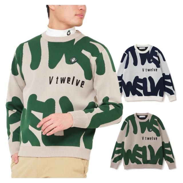 V12 ゴルフ  ニット メンズ 長袖 プルオーバー セーター クルーネック 保温 防風 防風裏地付き ストレッチ 総柄 ロゴ ゴルフウェア ブランド V122520-KN05