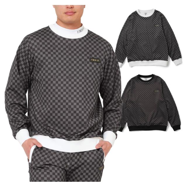 V12 ゴルフ トレーナー メンズ 長袖 プルオーバー LUX クルーネック ストレッチ スウェット 総柄 チェック ロゴ ゴルフウェア ブランド VLX2520-SW13 V12 GOLF