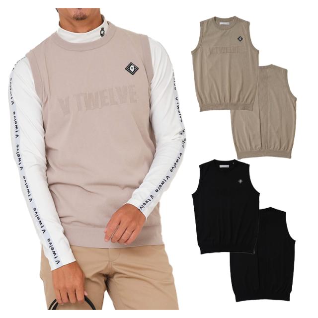 V12 ゴルフ ベスト メンズ ニット メッシュ ストレッチ クルーネック ゴルフウェア ブランド 無地 ロゴ ライン 春 夏 秋 V122510-KN02