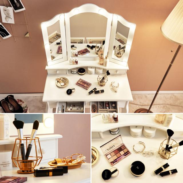 ドレッサー 化粧台 ライト付き 女優ミラー 椅子付き サイド収納 可愛い 楽天市場】女優ミラー 三面鏡 ドレッサー スツール付き led