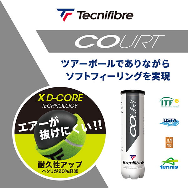 『即日出荷』テクニファイバー Tecnifibre テニスボール COURT（コート）4個入 1箱（15缶/60球） TBA4CT1_1