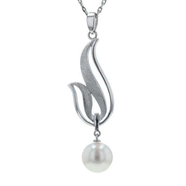 MIKIMOTO ミキモト K14WG ホワイトゴールド ネックレス パール 真珠 7.5mm 一粒 ラウンド ウェーブ リーフ 40cm 【新品仕上済】【zz】【中古】