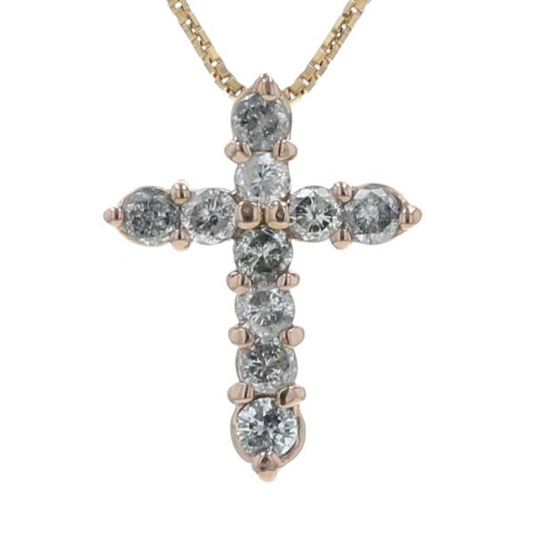 K18YG PG イエローゴールド ピンクゴールド ネックレス ダイヤモンド 0.5ct 10粒 クロス 十字架 43cm【新品仕上済】【zz】【中古】
