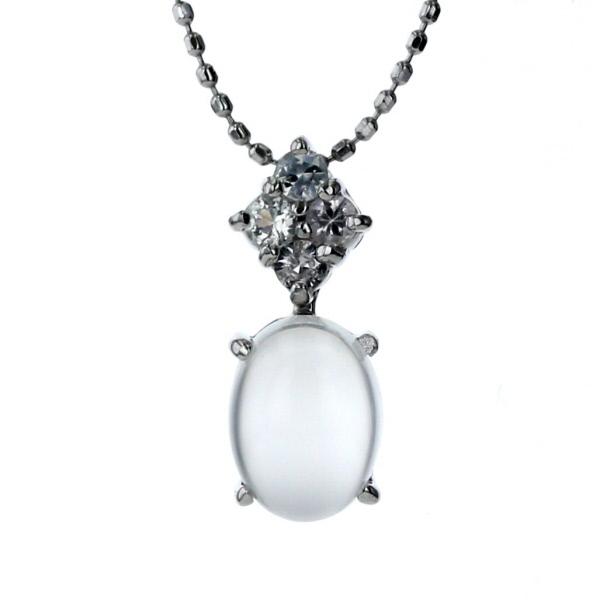 K14WG ホワイトゴールド ネックレス ムーンストーン ホワイトサファイア デザイン シンプル 40cm【新品仕上済】【zz】【中古】