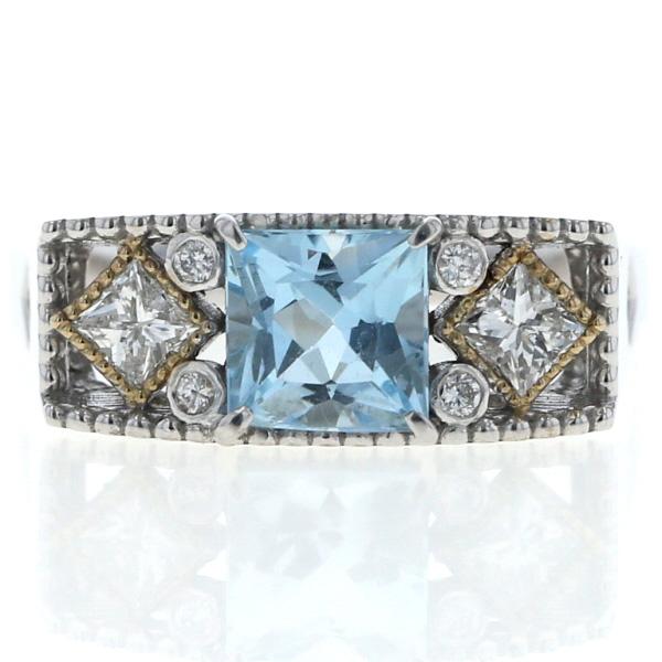 K18WG ホワイトゴールド リング アクアマリン 0.98ct ダイヤモンド 0.35ct スクエア ミルグレイン 指輪 11.5号 【新品仕上済】【zz】【中古】