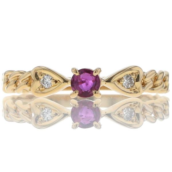 K18YG イエローゴールド リング ルビー ダイヤモンド ハート チェーンモチーフ シンプル 指輪 11号【新品仕上済】【zz】【中古】