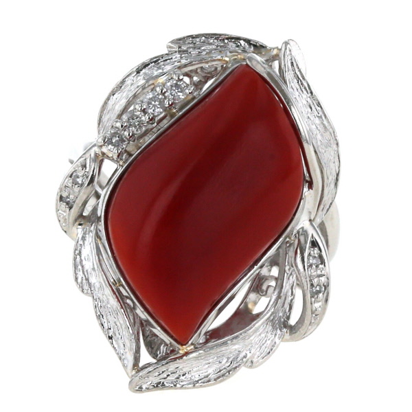 Pt900 プラチナ リング 指輪 サンゴ 珊瑚 コーラル ダイヤモンド0.440