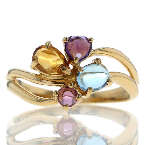 K18YG イエローゴールド リング マルチストーン 1.00ct カボション 透かし ウェーブ マルチカラー 指輪 14号【新品仕上済】【zz】【中古】