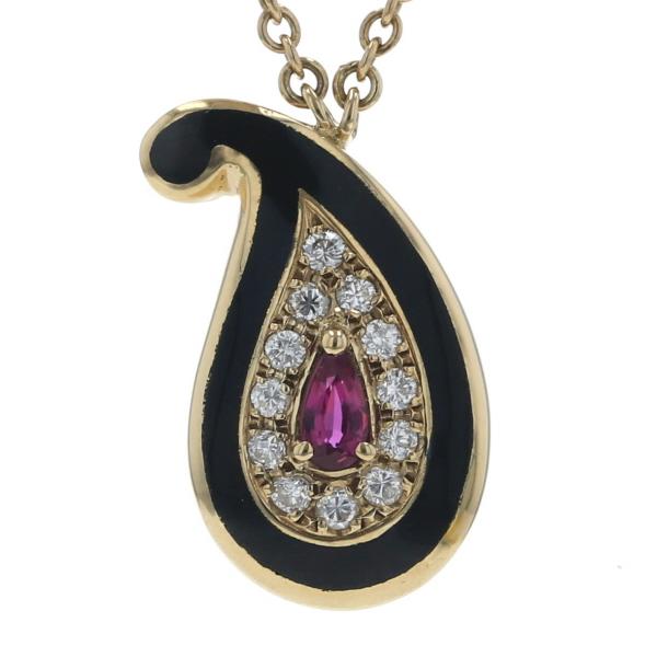 ヴァレンティノ VALENTINO K18YG イエローゴールド ネックレス ルビー 0.35ct ダイヤ 0.18ct エナメル ペイズリー 雫 40cm【新品仕上済】【zz】【中古】