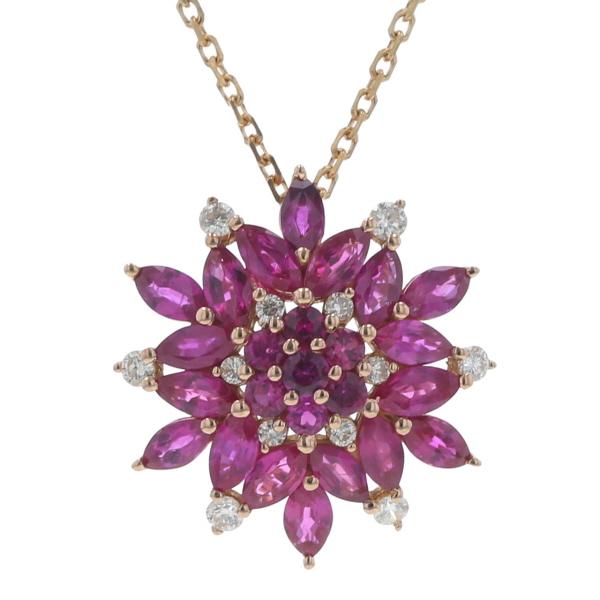 GSTV K18PG ピンクゴールド ネックレス ルビー 1.50ct ダイヤモンド 0.13ct 花 フラワー クラスター 38cm【新品仕上済】【zz】【中古】
