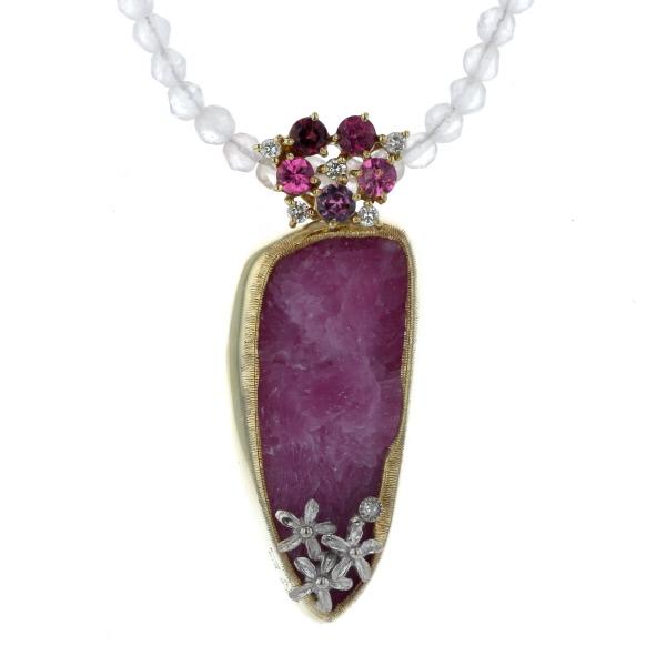 K18YG WG ネックレス 紫石 28.0ct ダイヤモンド 0.12ct トルマリン 0.61ct クォーツ ラフカット 43cm【新品仕上済】【zz】【中古】