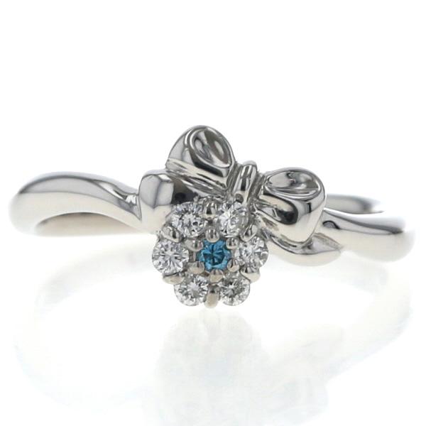 Pt900 プラチナ リング ダイヤモンド0.14ct ブルーダイヤモンド リボン 花 フラワー モチーフ 指輪 12号【新品仕上済】【zz】【中古】