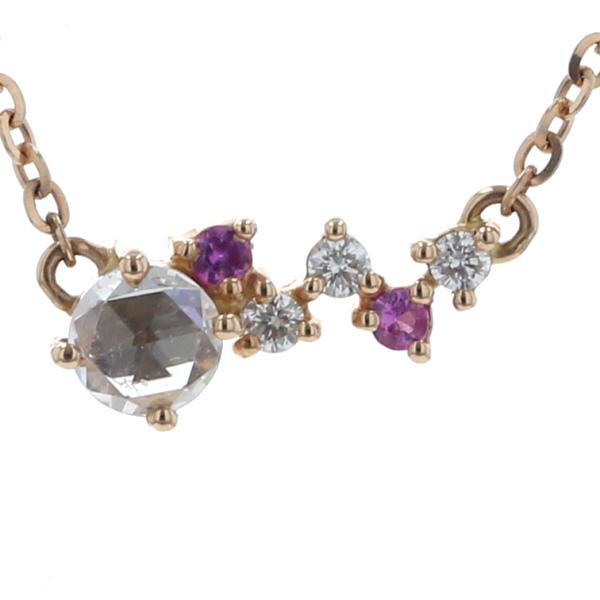 山崎裕見子 K18PG ネックレス ダイヤモンド 0.19ct /0.04ct ピンクサファイア 0.03ct ローズカット 45cm 【新品仕上済】【zz】【中古】
