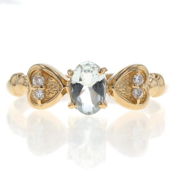 K18YG イエローゴールド リング アクアマリン 0.34ct ダイヤモンド 0.04ct ハート リボン 指輪 10号【新品仕上済】【zz】【中古】