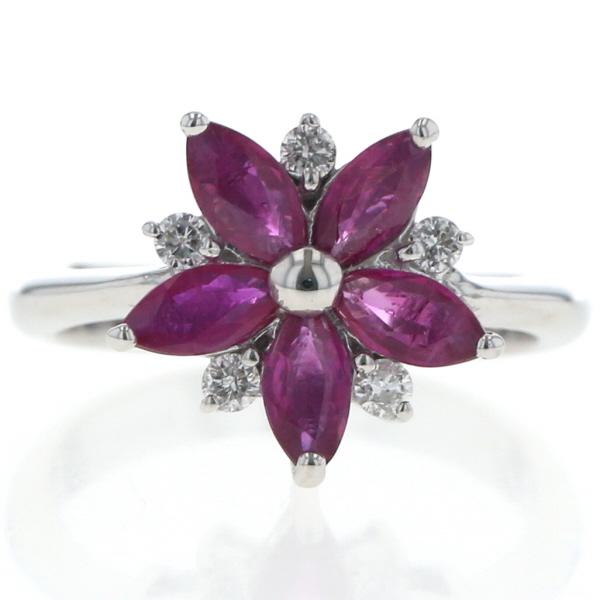 K18WG ホワイトゴールド リング ルビー 1.01ct ダイヤモンド 0.13ct マーキス フラワー 花 指輪 9.5号【新品仕上済】【zz】【中古】